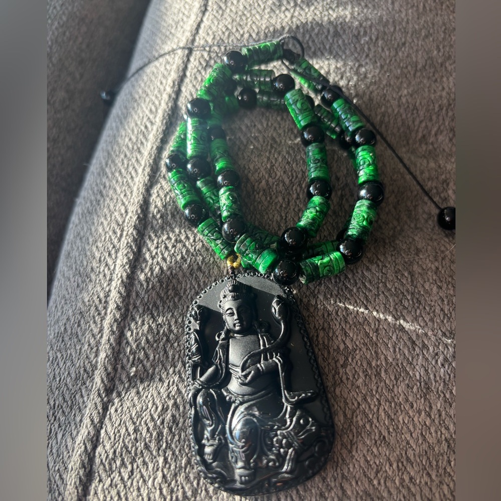 Jade Beaded Necklace with Obsidian Guanyin Pendant